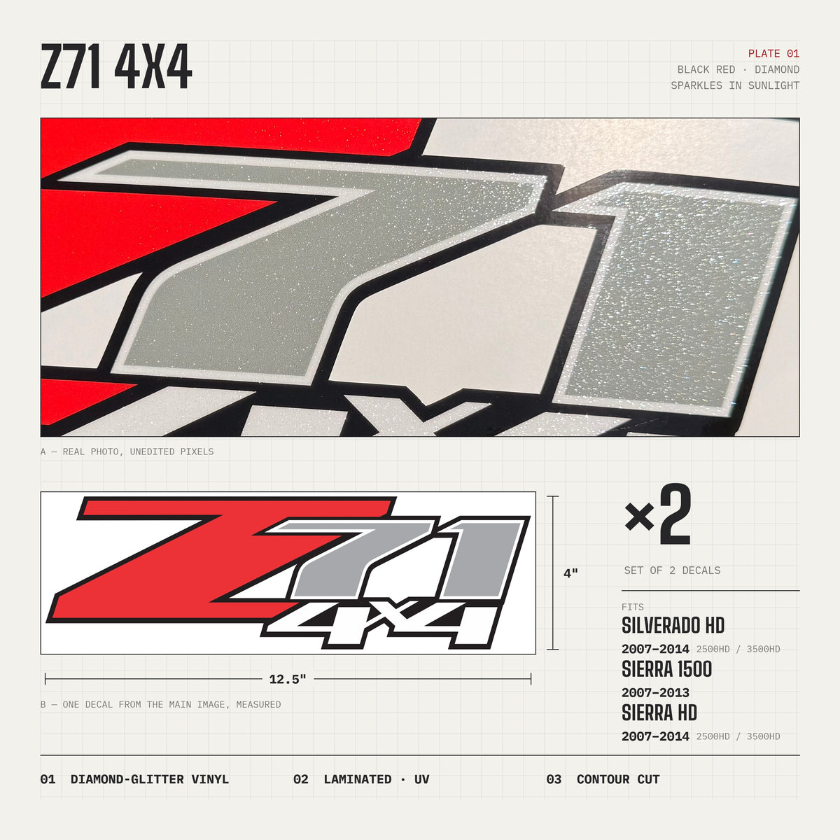 Z71 4x4 Decals Diamond Series Black Red for Chevy Silverado HD 2007-2014 (Set of 2)