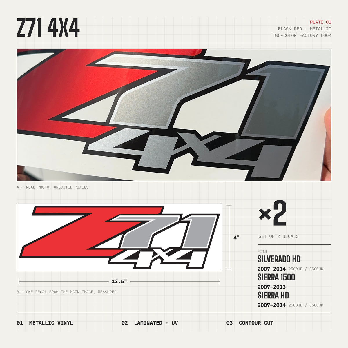 Z71 4x4 Decals Premium Series Black Red for Chevy Silverado HD 2007-2014 (Set of 2)