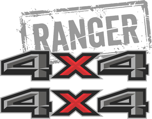 4x4 Gray Red Metallic Bedside Decal - Ford Ranger 2019-2026 - Set of 2