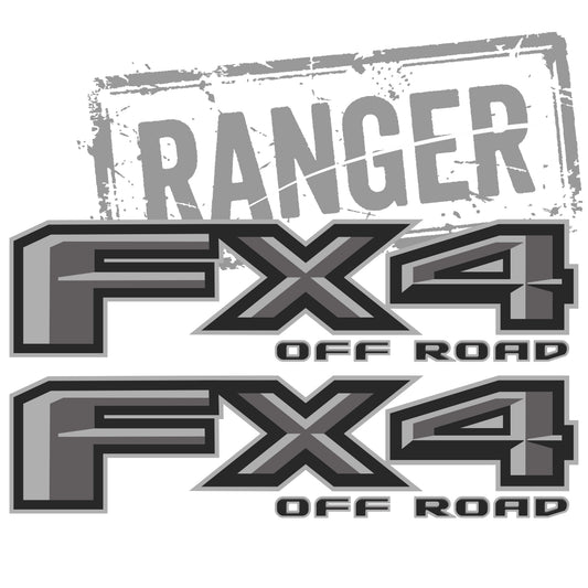 FX4 Off-Road Decals Compatible with Ford Ranger and Maverick, 2.6 x 10.25 Inch Metallic Finish Bedside Stickers, Replacement Set of 2 - Gray