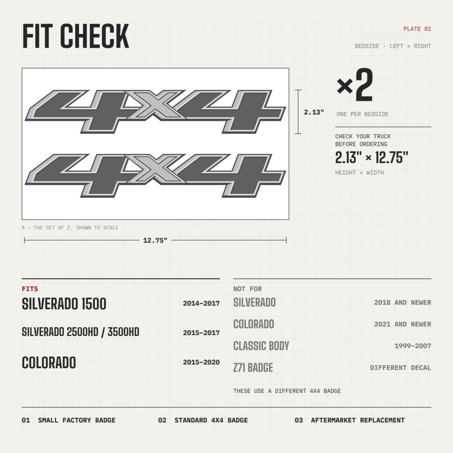 4x4 Decals for Chevrolet Silverado 1500 2014–2017 · Gray · Premium · Fit check and size