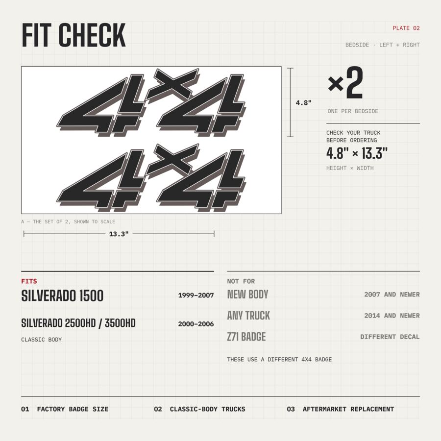 4x4 Decals for Chevrolet Silverado 1999–2007 · Black · Peel & Stick · Fit check and size
