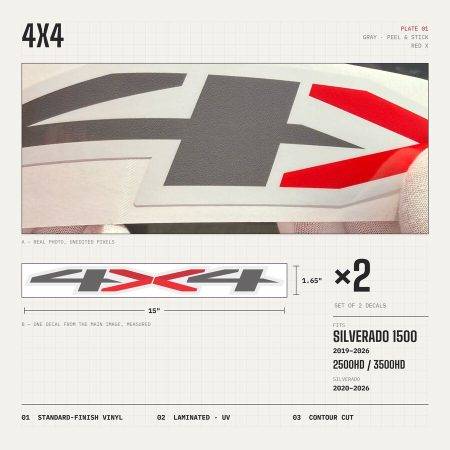 4x4 Decals for Chevrolet Silverado 2019–2026 · Gray · Peel & Stick · Overview