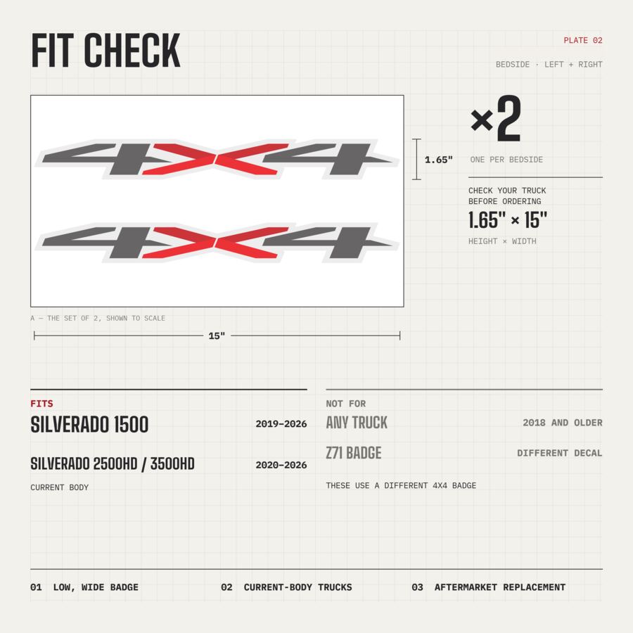4x4 Decals for Chevrolet Silverado 2019–2026 · Gray · Peel & Stick · Fit check and size