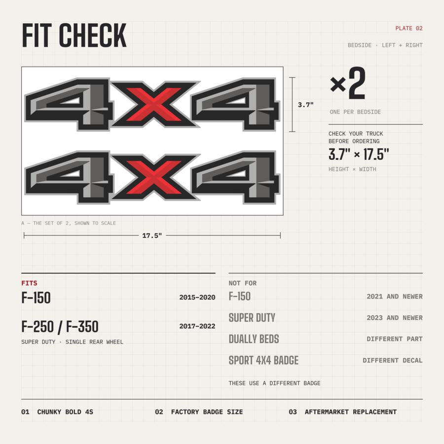 4x4 Decals for Ford F-150 2015–2020 · Black Red · Premium · Fit check and size