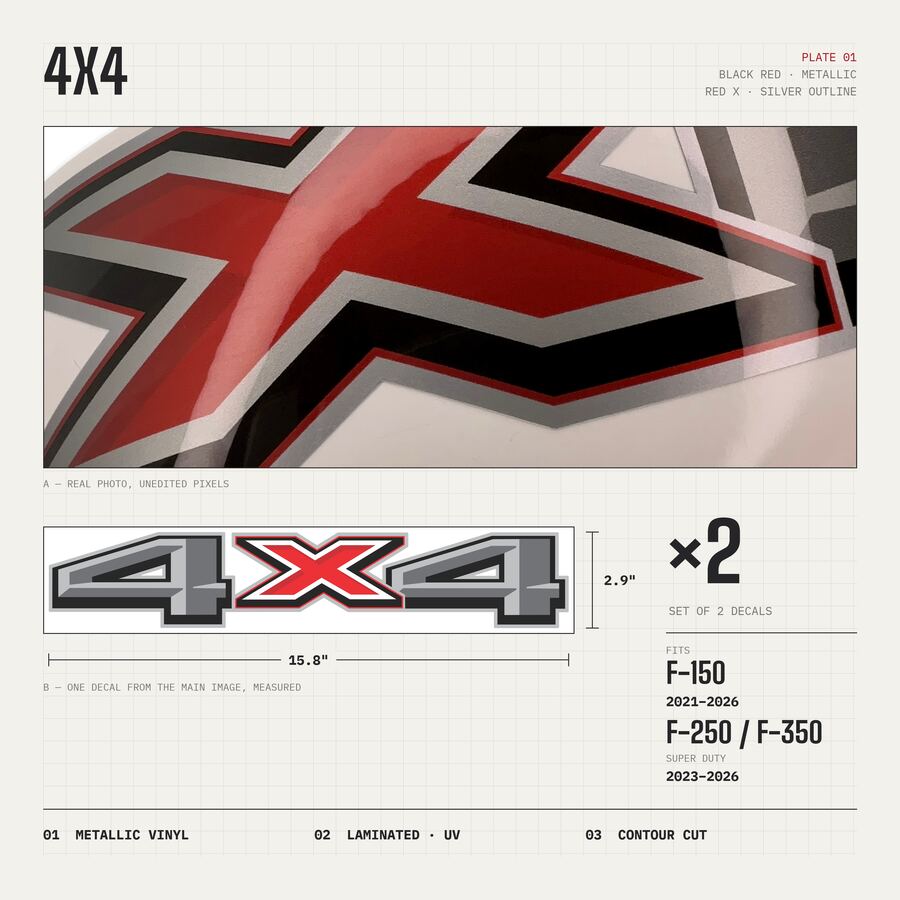 4x4 Decals for Ford F-150 2021–2026 · Black Red · Premium · Overview