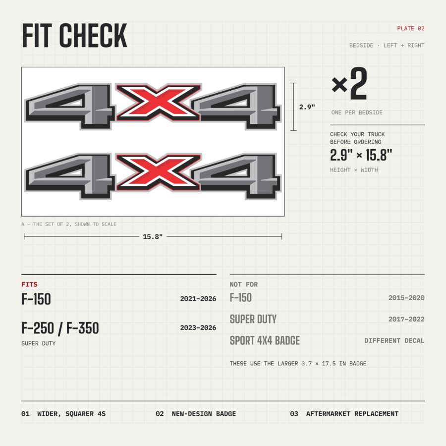 4x4 Decals for Ford F-150 2021–2026 · Black Red · Premium · Fit check and size