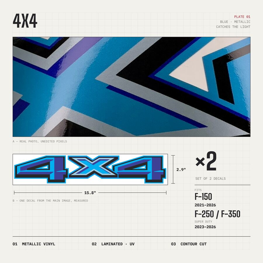 4x4 Decals for Ford F-150 2021–2026 · Blue · Premium · Overview