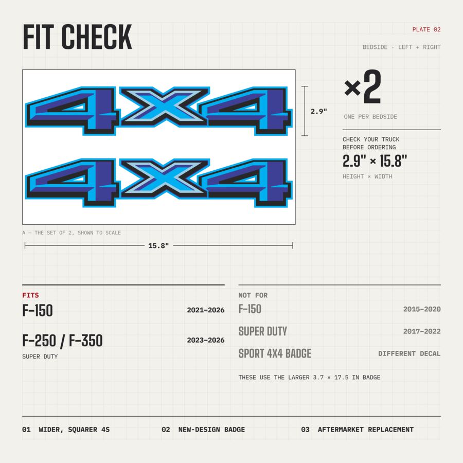 4x4 Decals for Ford F-150 2021–2026 · Blue · Premium · Fit check and size