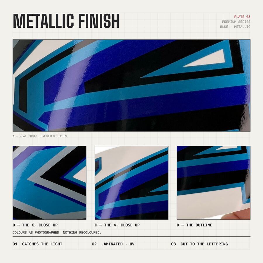 4x4 Decals for Ford F-150 2021–2026 · Blue · Premium · Finish close-up