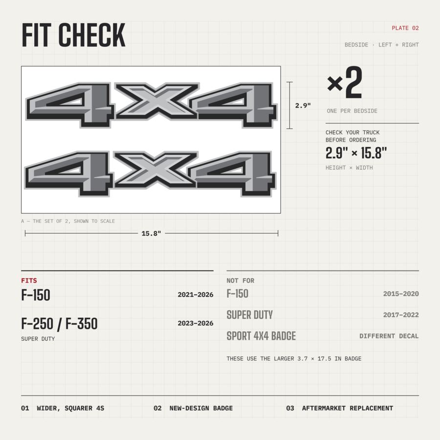4x4 Decals for Ford F-150 2021–2026 · Gray · Premium · Fit check and size