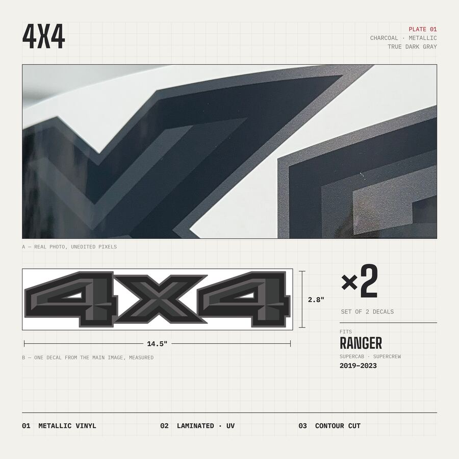 4x4 Decals for Ford Ranger 2019–2023 · Charcoal · Premium · Overview