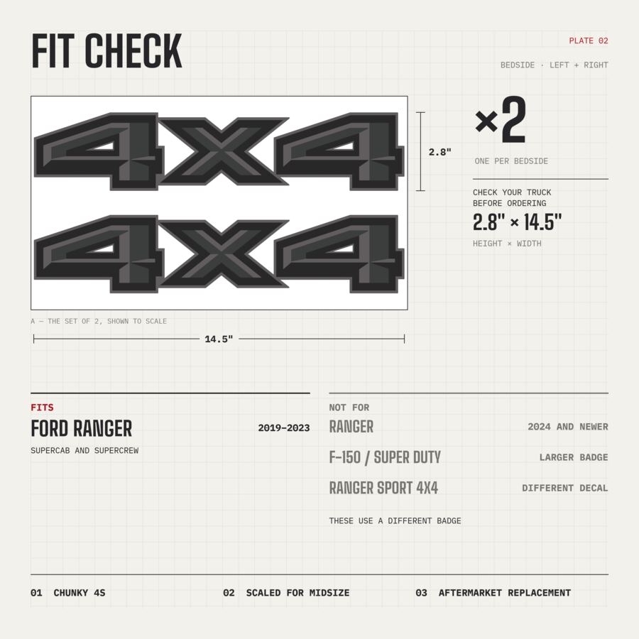 4x4 Decals for Ford Ranger 2019–2023 · Charcoal · Premium · Fit check and size