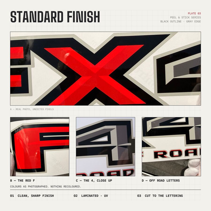 FX4 Off Road Decals for Ford F-150 2015–2020 · Black Red · Peel & Stick · Finish close-up