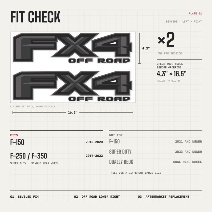 FX4 Off Road Decals for Ford F-150 2015–2020 · Charcoal · Premium · Matte · Fit check and size