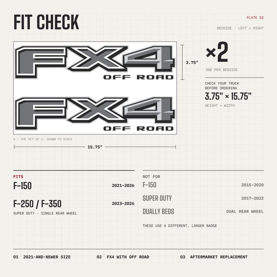 FX4 Off Road Decals for Ford F-150 2021–2026 · Black · Premium · Fit check and size
