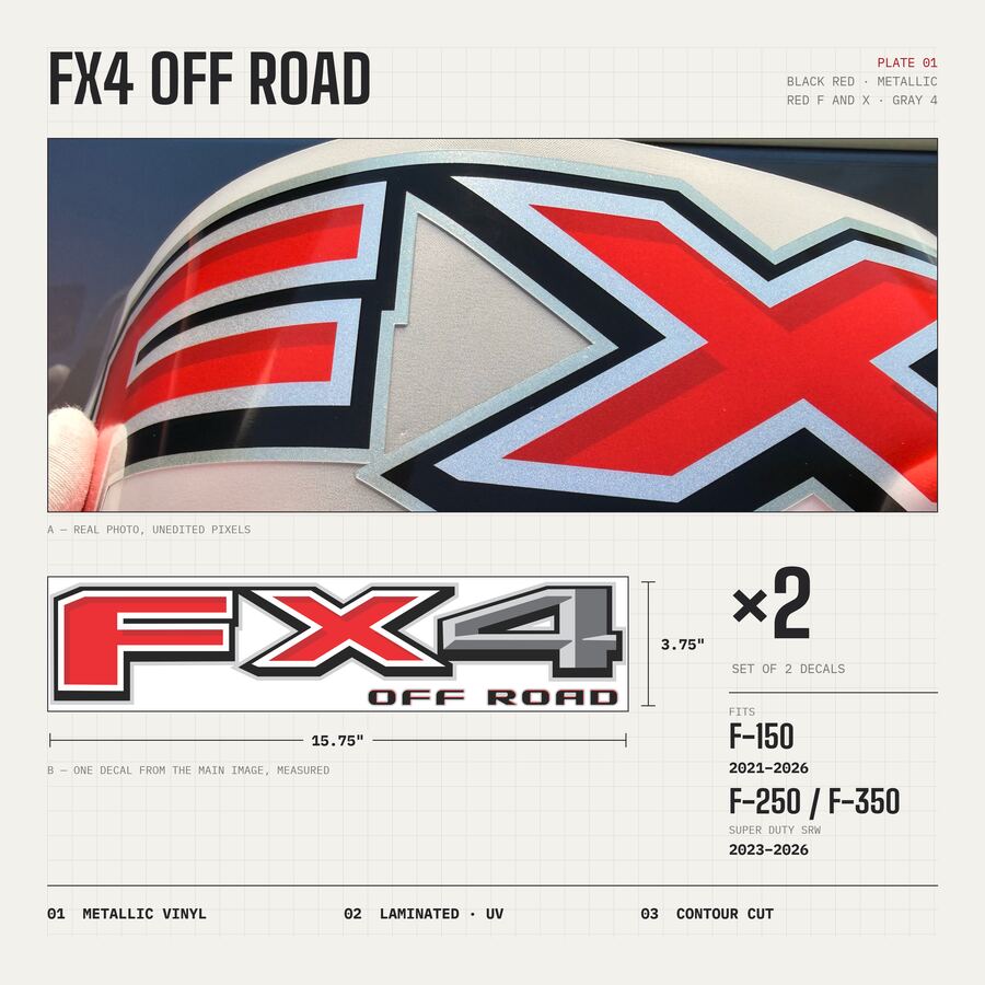 FX4 Off Road Decals for Ford F-150 2021–2026 · Black Red · Premium · Overview
