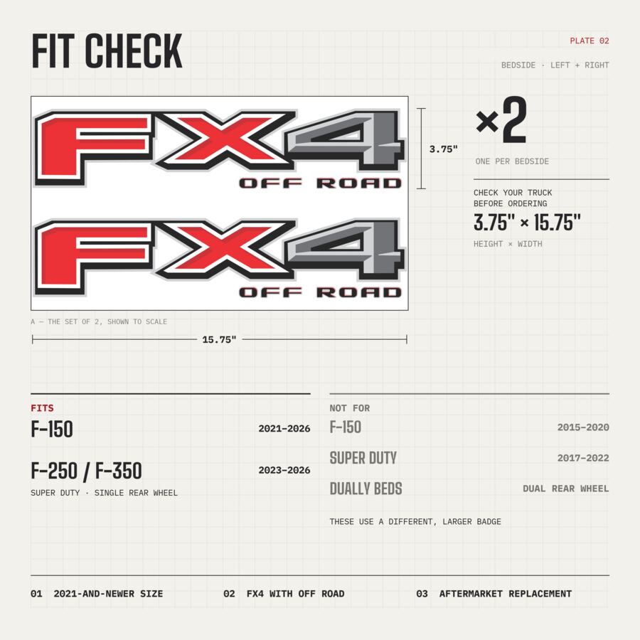 FX4 Off Road Decals for Ford F-150 2021–2026 · Black Red · Premium · Fit check and size