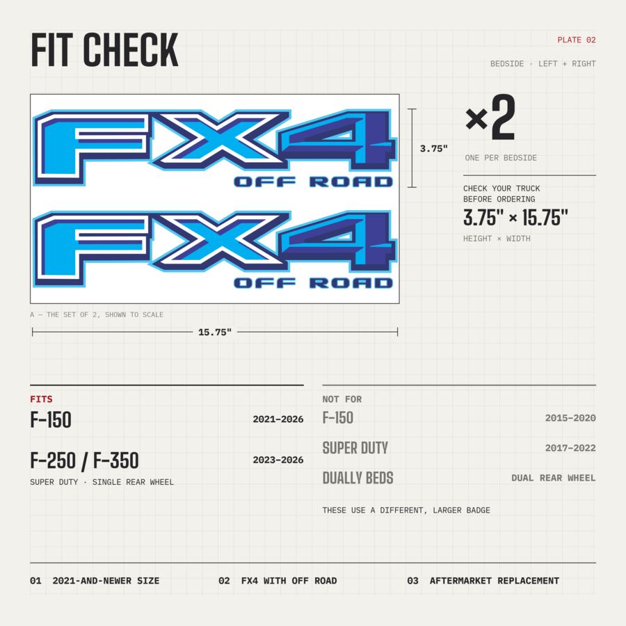 FX4 Off Road Decals for Ford F-150 2021–2026 · Blue · Premium · Fit check and size