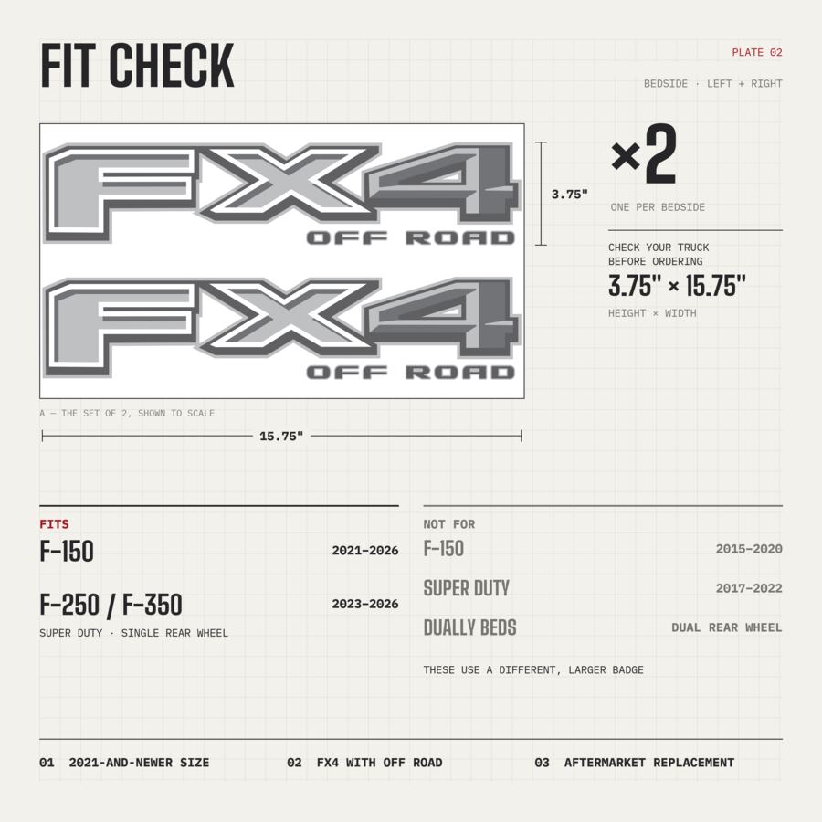 FX4 Off Road Decals for Ford F-150 2021–2026 · Gray · Premium · Fit check and size