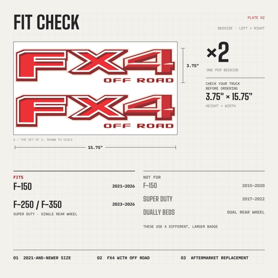 FX4 Off Road Decals for Ford F-150 2021–2026 · Red · Premium · Fit check and size