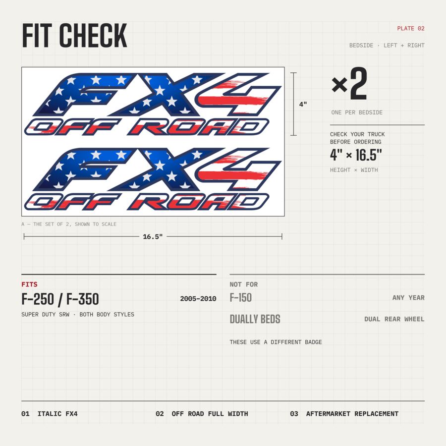 FX4 Off Road Decals for Ford Super Duty 2005–2010 · American Flag · Premium · Fit check and size