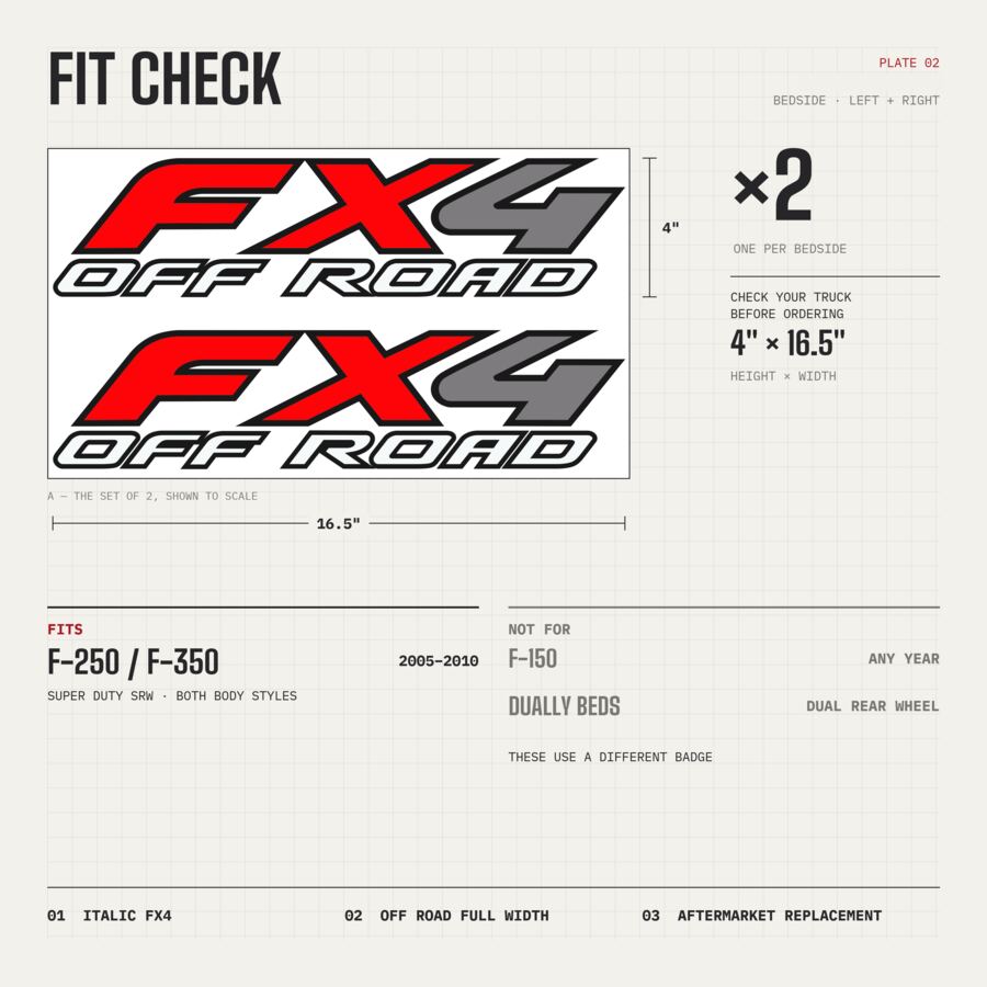 FX4 Off Road Decals for Ford Super Duty 2005–2010 · Black Red · Peel & Stick · Fit check and size