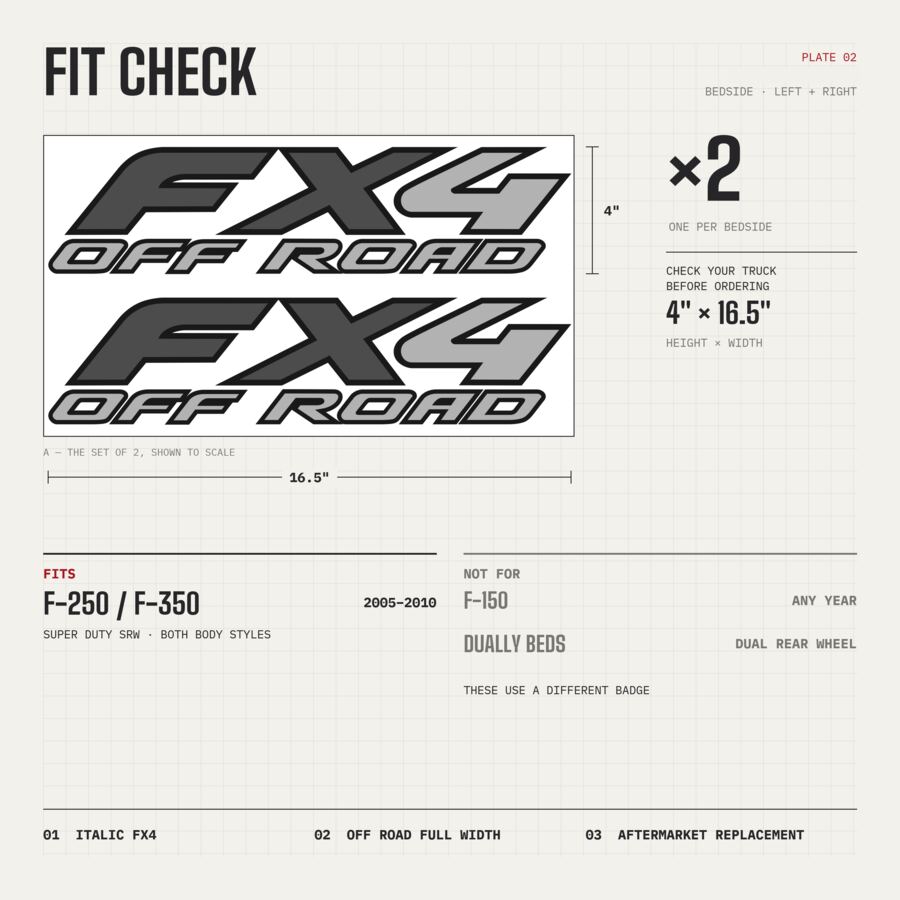 FX4 Off Road Decals for Ford Super Duty 2005–2010 · Gray · Premium · Fit check and size