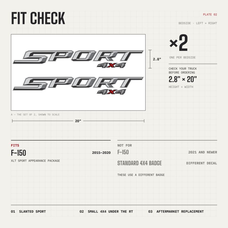 Sport 4x4 Decals for Ford F-150 2015–2020 · Gray · Diamond · Fit check and size