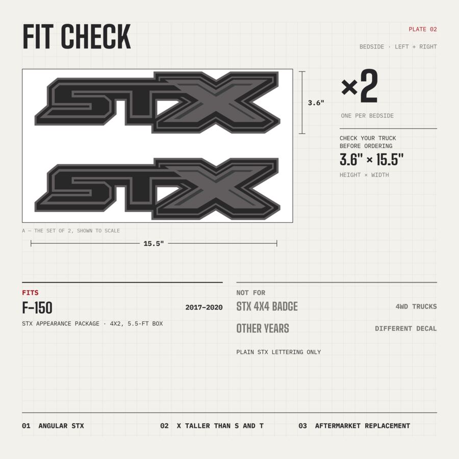 STX Decals for Ford F-150 2017–2020 · Charcoal · Premium · Fit check and size