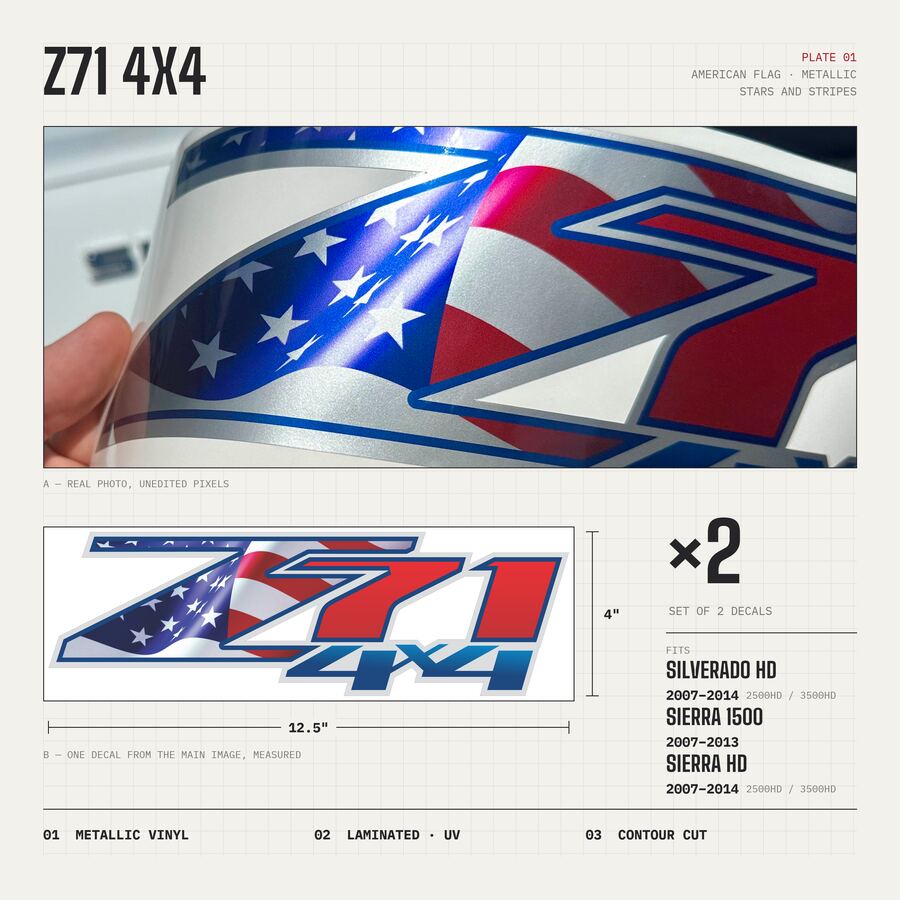 Z71 4x4 Decals for Chevrolet Silverado HD & GMC Sierra 2007–2014 · American Flag · Premium · Overview