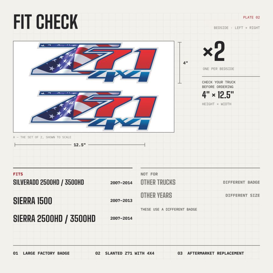 Z71 4x4 Decals for Chevrolet Silverado HD & GMC Sierra 2007–2014 · American Flag · Premium · Fit check and size