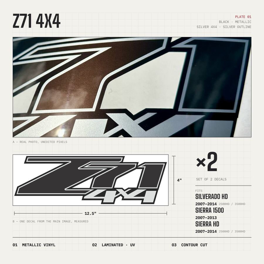 Z71 4x4 Decals for Chevrolet Silverado HD & GMC Sierra 2007–2014 · Black · Premium · Overview
