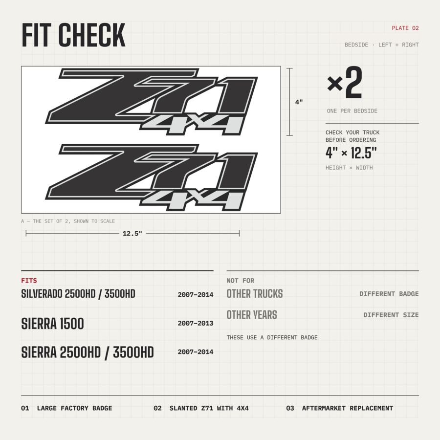 Z71 4x4 Decals for Chevrolet Silverado HD & GMC Sierra 2007–2014 · Black · Premium · Fit check and size