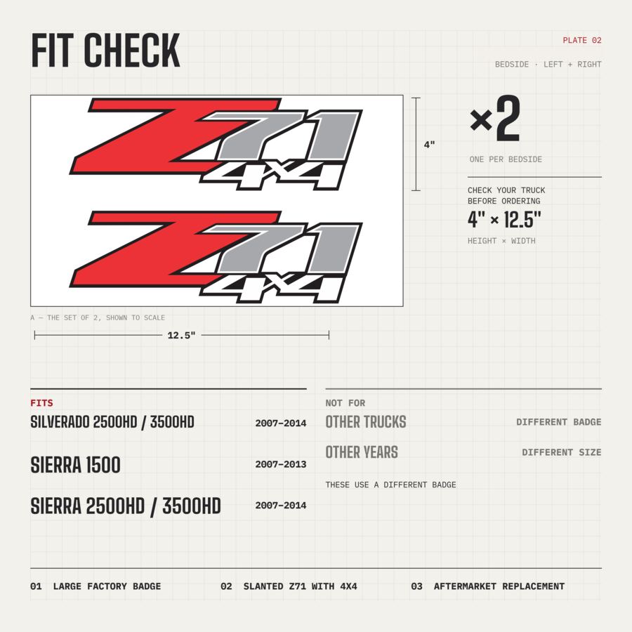 Z71 4x4 Decals for Chevrolet Silverado HD & GMC Sierra 2007–2014 · Black Red · Diamond · Fit check and size