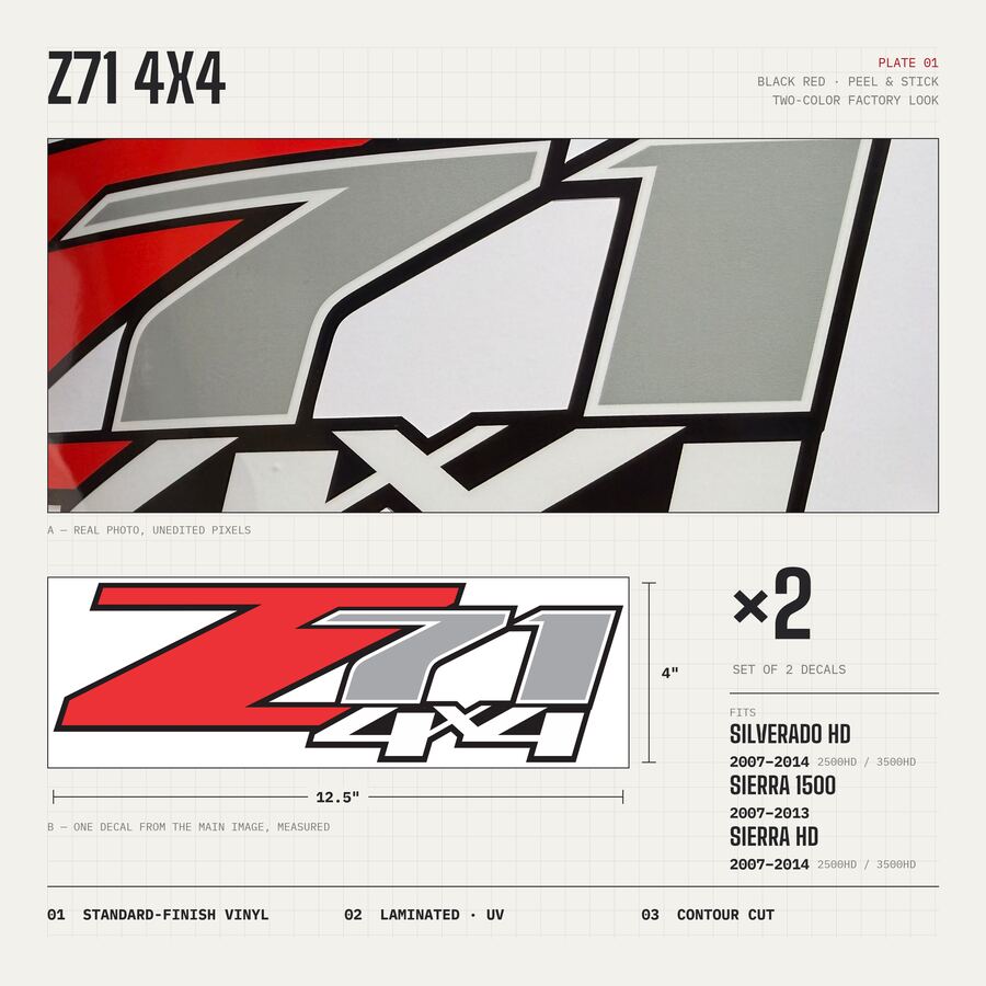 Z71 4x4 Decals for Chevrolet Silverado HD & GMC Sierra 2007–2014 · Black Red · Peel & Stick · Overview