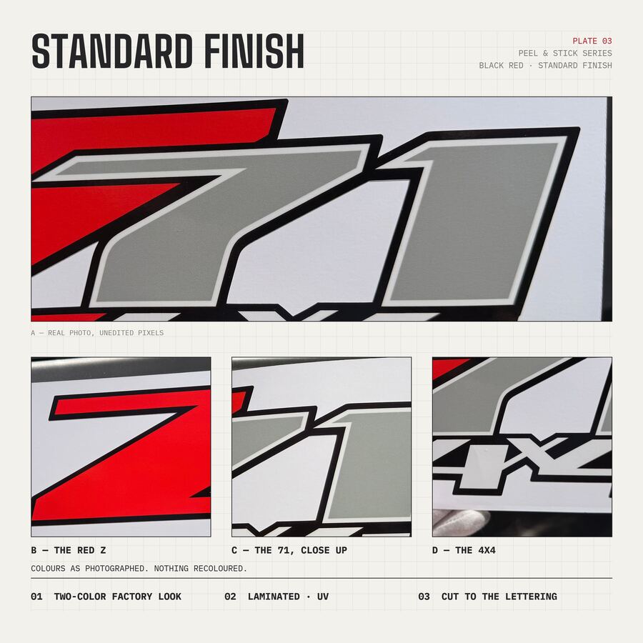 Z71 4x4 Decals for Chevrolet Silverado HD & GMC Sierra 2007–2014 · Black Red · Peel & Stick · Finish close-up
