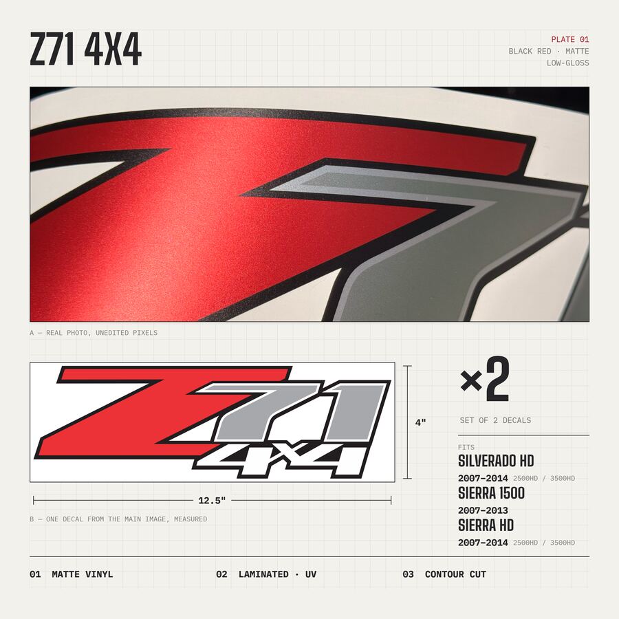 Z71 4x4 Decals for Chevrolet Silverado HD & GMC Sierra 2007–2014 · Black Red · Premium · Matte · Overview