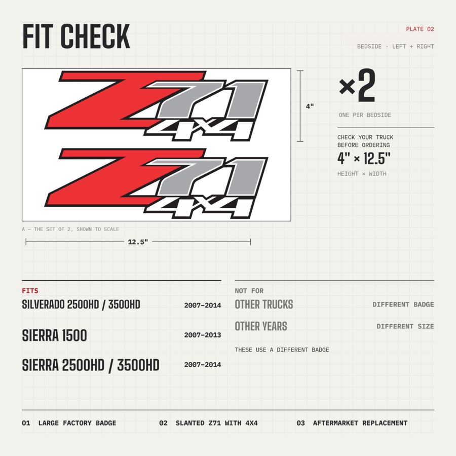 Z71 4x4 Decals for Chevrolet Silverado HD & GMC Sierra 2007–2014 · Black Red · Premium · Matte · Fit check and size