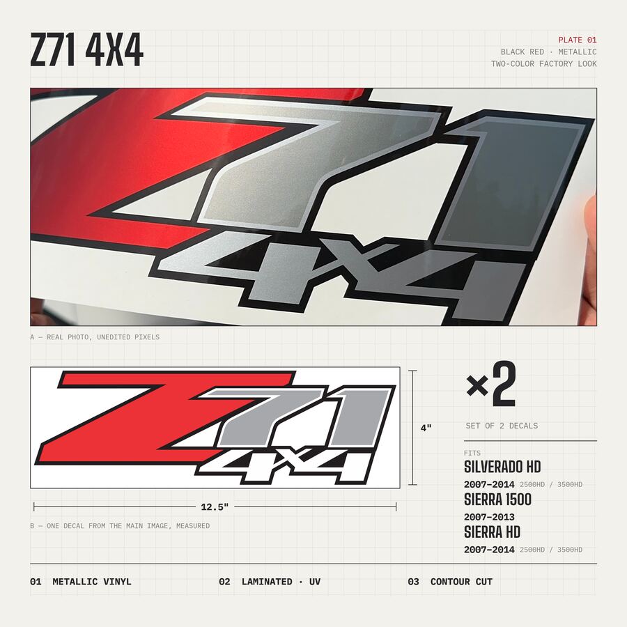 Z71 4x4 Decals for Chevrolet Silverado HD & GMC Sierra 2007–2014 · Black Red · Premium · Overview