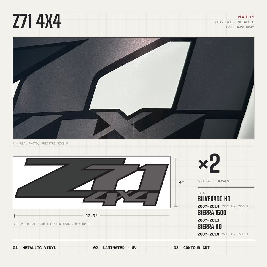 Z71 4x4 Decals for Chevrolet Silverado HD & GMC Sierra 2007–2014 · Charcoal · Premium · Overview