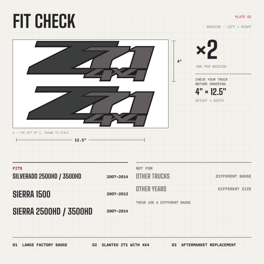 Z71 4x4 Decals for Chevrolet Silverado HD & GMC Sierra 2007–2014 · Charcoal · Premium · Fit check and size