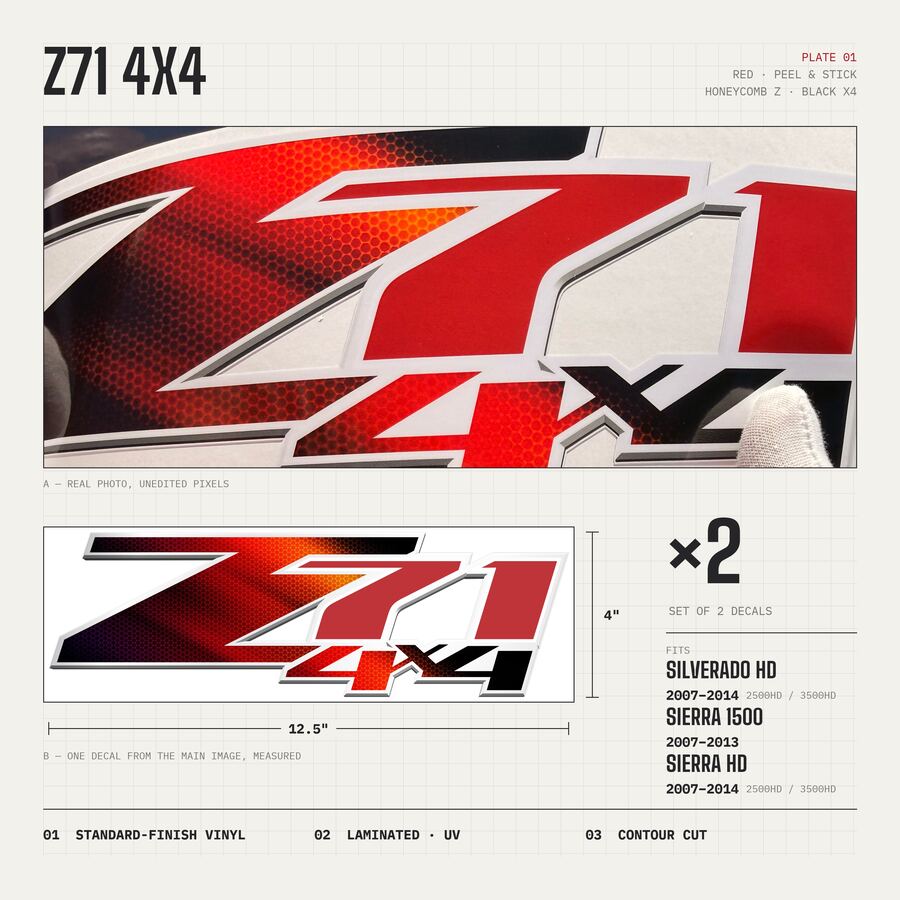 Z71 4x4 Decals for Chevrolet Silverado HD & GMC Sierra 2007–2014 · Red Honeycomb · Peel & Stick · Overview