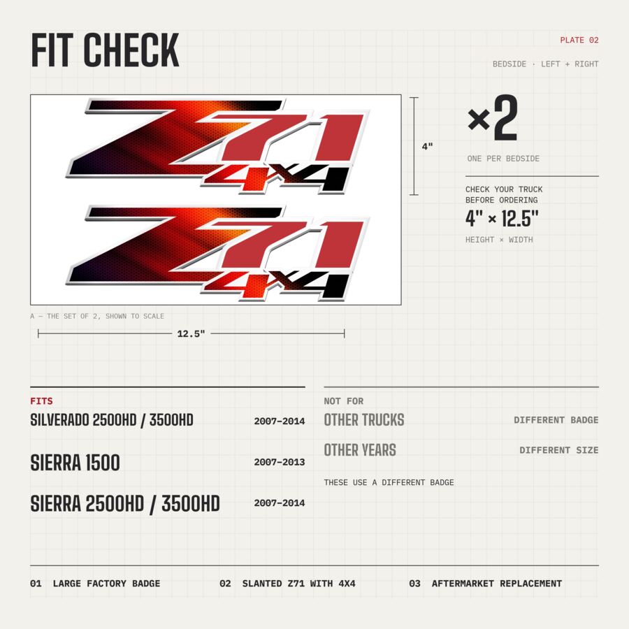 Z71 4x4 Decals for Chevrolet Silverado HD & GMC Sierra 2007–2014 · Red Honeycomb · Peel & Stick · Fit check and size