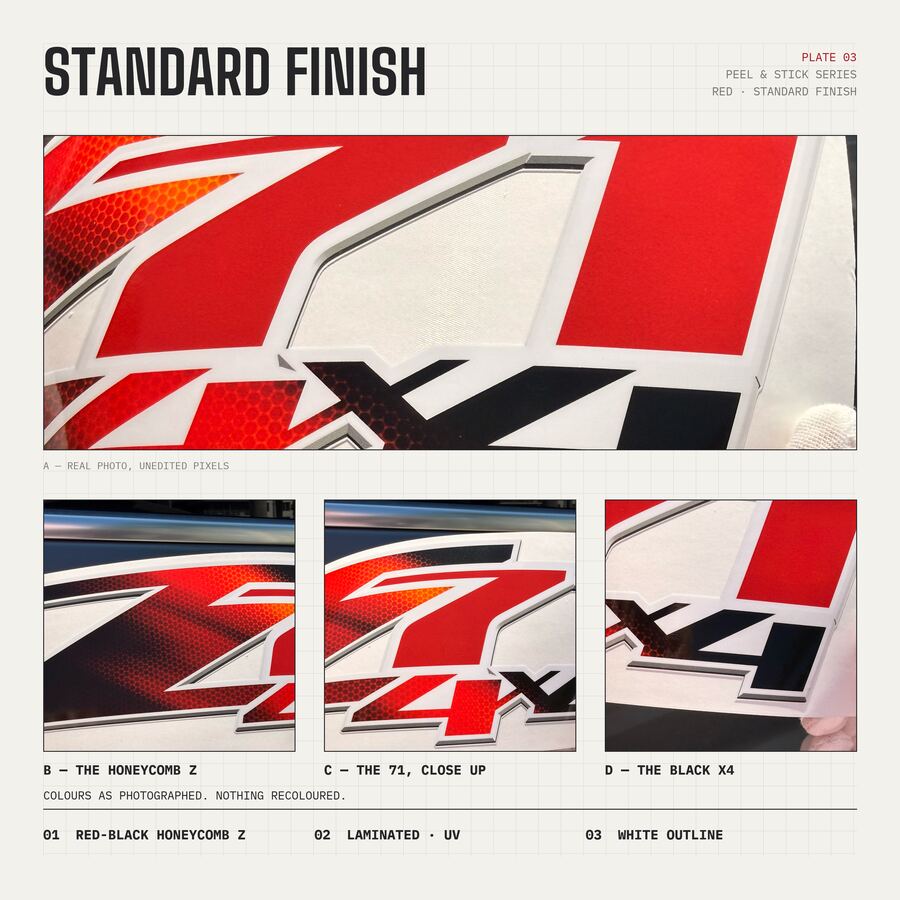 Z71 4x4 Decals for Chevrolet Silverado HD & GMC Sierra 2007–2014 · Red Honeycomb · Peel & Stick · Finish close-up