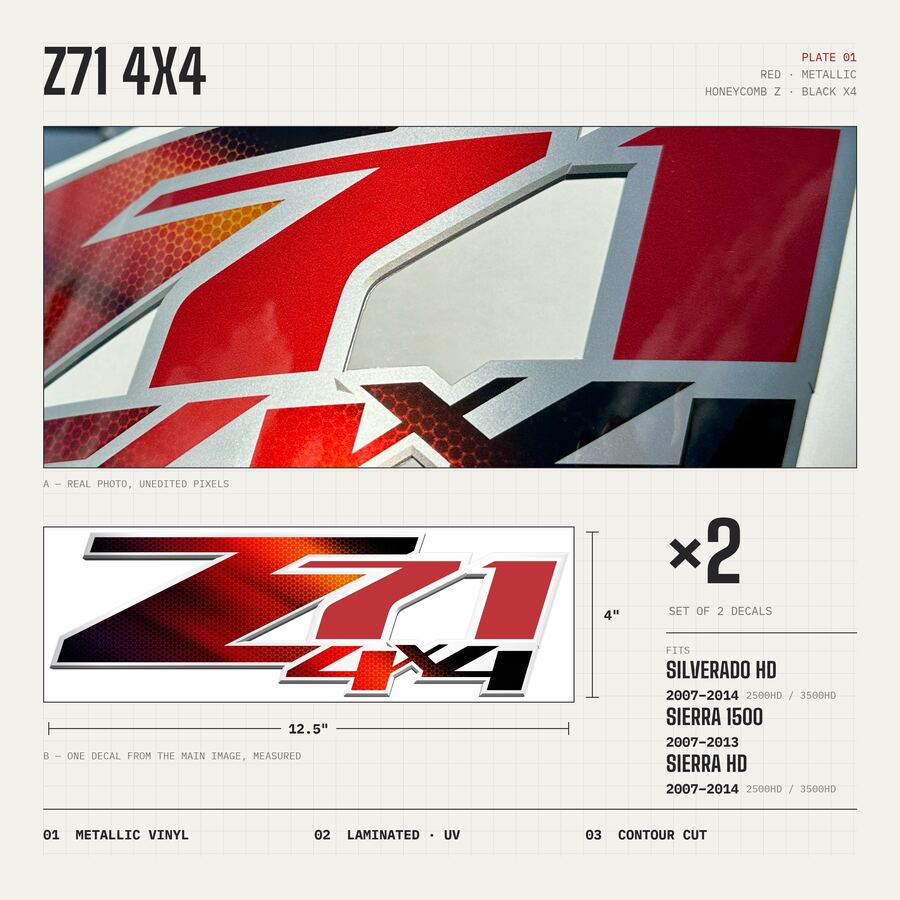 Z71 4x4 Decals for Chevrolet Silverado HD & GMC Sierra 2007–2014 · Red Honeycomb · Premium · Overview