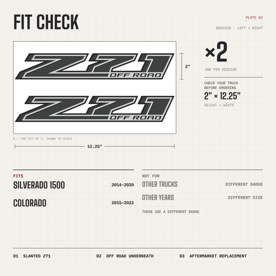 Z71 Off Road Decals for Chevrolet Silverado 1500 2014–2020 · Black · Premium · Fit check and size