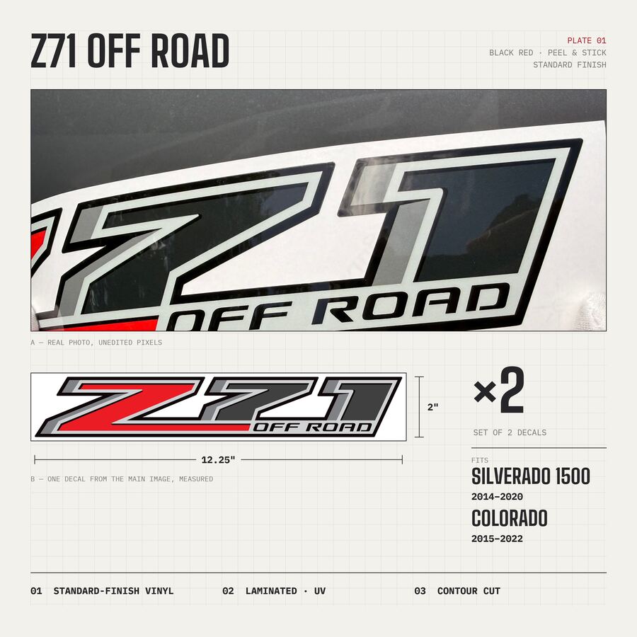 Z71 Off Road Decals for Chevrolet Silverado 1500 2014–2020 · Black Red · Peel & Stick · Overview