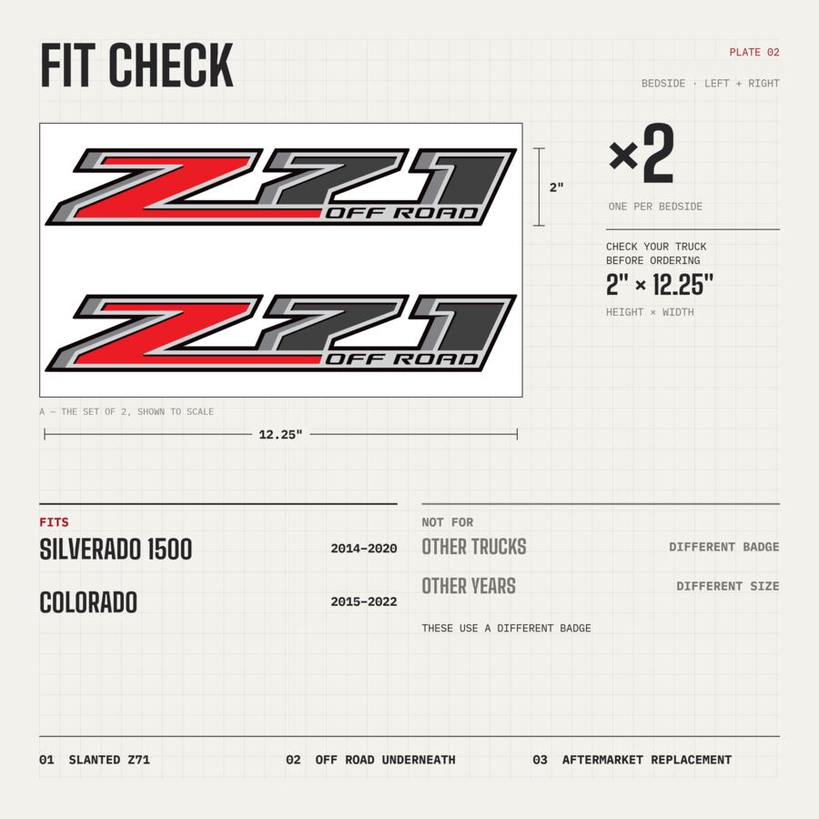 Z71 Off Road Decals for Chevrolet Silverado 1500 2014–2020 · Black Red · Peel & Stick · Fit check and size
