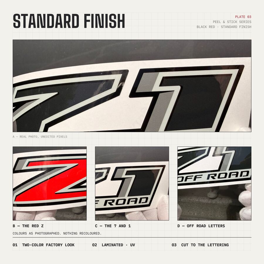 Z71 Off Road Decals for Chevrolet Silverado 1500 2014–2020 · Black Red · Peel & Stick · Finish close-up